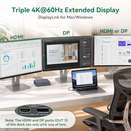 USB C Docking Station 3 Monitors for MacBook Air Pro Triple 4K@60Hz Extended Display with Dsiplaylink for M5 M4 M3 M2 M1 Laptop USB Dock with 2 HDMI & 2 DisplayPort, PD 100W, QC 18W, USB 3.2 10 Gbps - color: Iron grey