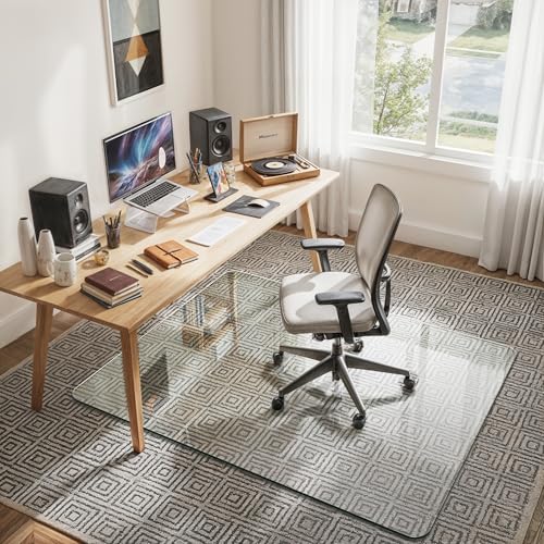 46"x55" Tempered Glass Office Chair Mat for Carpet & Hardwood Floor | 1/5" Thick Clear Floor Protector Desk Chair Mat with Rounded and Polished Edges, Resist Scratching, Cracking, Curling - size: 46"x55"