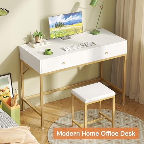 SUPERJARE 35.4" White and Gold Desk with 2 Drawers, Modern Makeup Vanity - color: Gold and White, size: 35.4 inch