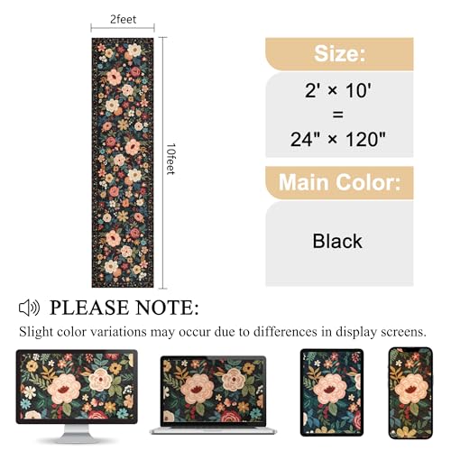 DUKINO 2x10 Runner Rug, Floral Washable Kitchen Runner Rug Non Slip, Black | Soft, Low Pile, Stain Resistant Indoor Rug Runner for Hallway, Entryway, Bedroom, Bathroom, Laundry, Pet Friendly, Home Decor - color: Black, size: 2' x 10' (Rectangular)