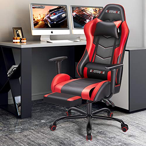 ECOTOUGE Red Ergonomic PC Massage Gaming Chair with Footrest - color: Red, size: with footrest