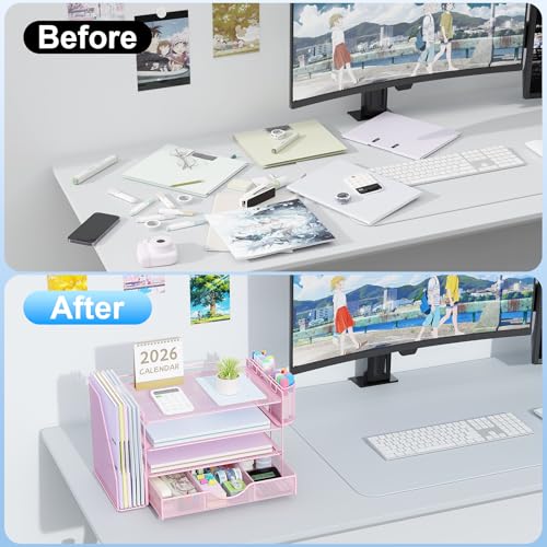 gianotter Desk Organizers and Accessories with File Holder, 4-Tier Desk Accessories & Workspace Organizers with Drawer and 2 Pen Holder, Paper Organizer for Office Supplies (Pink) - color: Pink, size: 4T