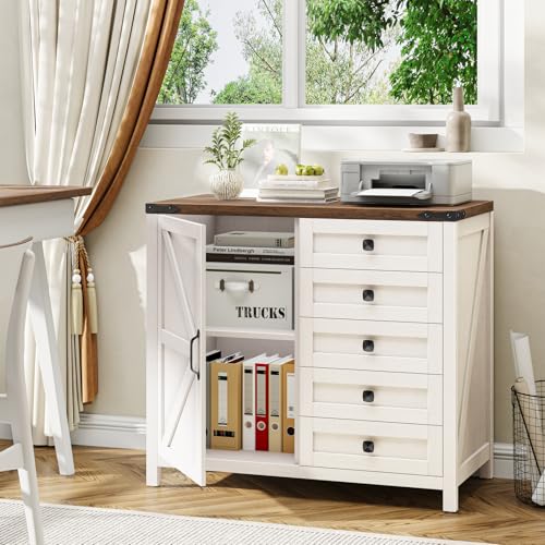 Vabches 5 Drawer Storage Cabinet, Rustic White Office Storage Cabinet | Office Storage Drawer with Door and Adjustable Shelf, Large Farmhouse Printer Stand for Home Office, Rustic White
