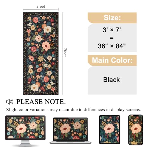 DUKINO 3x7 Kitchen Runner Rug, Washable Rug for Hallway Non Slip, Black | Floral, Low Pile, Soft Indoor Rug for Bedroom, Bathroom, Entryway, Laundry, Pet Friendly, Stain Resistant, Modern Home Decor - color: Black, size: 3' x 7' (Rectangular)