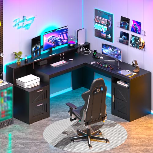 63" Farmhouse L Shaped Desk with Drawers & Printer Shelf for Home Office - color: Black