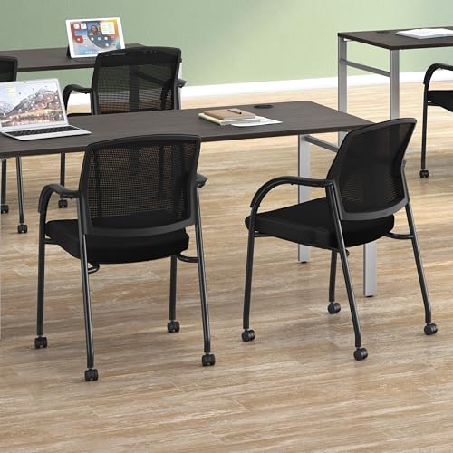 HON Lota Guest Chair with Arms and Wheels, Mesh Office Chairs, Black | Office furniture with arms and wheels for waiting rooms chairs, conference room chair, and banquette seating - color: Black - Mesh Back - Arms and Casters