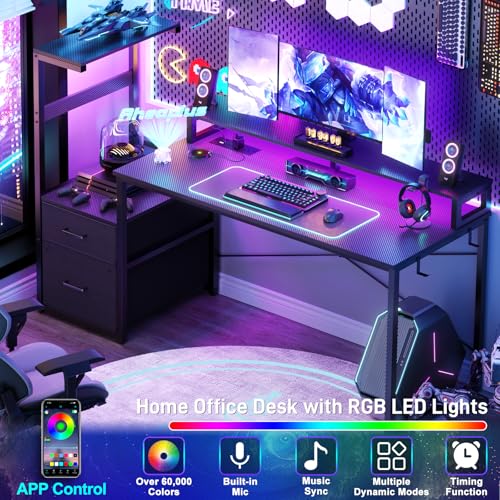 Aheaplus 59" Gaming Desk with RGB LED & Power Outlet &PC Case/Printer Stand - color: Carbon Fiber Black