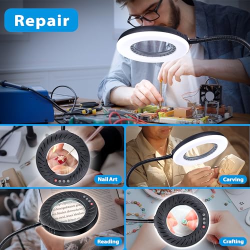 12X Magnifying Glass with Light and Stand, LED Magnifying Lamp with Clamp