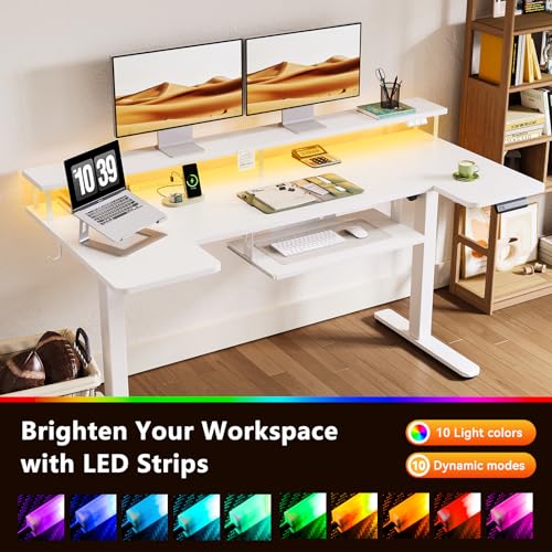 63 Inch U Shaped Electric Standing Desk with Keyboard Tray, White | Power Outlet, Monitor Stand, LED Light, 3 Presets, 28.3"-46.5"in Range, 154 lb Capacity - color: White, size: 63 Inch