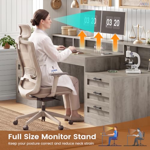 SEDETA 63" Executive Office Desk with 5 Drawers, Grey | Farmhouse Computer Desk with LED Lights & Monitor Stand, Wood Home Office Desk with 2 Printer Stand & Power Outlet - color: Grey, size: Executive Office Desk(63")