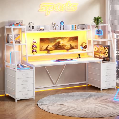 SEDETA Gaming Desk with LED Lights, 8 Drawers and Storage Shelves, White - color: White With Drawers, size: 78.8 inches