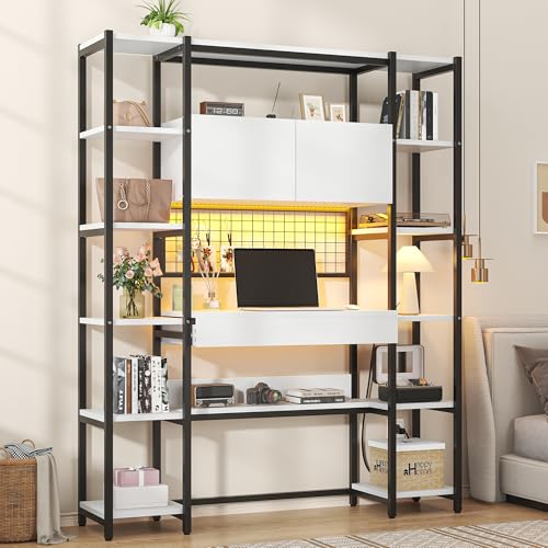 Triple Width 5 Tier Bookshelf with Sorage Cabinet,70.87"large Bookshelf with 12 Open Display Shelves,Industrial Bookshelf LED Lighting and Power Outlet.Suitable for Office Bedroom, Black+White - color: Black+white