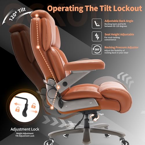 Big and Tall Office Chair 700lbs, Ergonomic High Back Computer Desk Chair | Adjustable Headrest&Lumbar Support, 3D Flip Arms, Large Wheels, Heavy Duty Metal Base, Thick Padded Wide Seat Executive Chair - color: Gold Brown