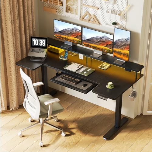 OffiGo 63 Inch U Shaped Electric Standing Desk with Keyboard Tray, Black - color: Black, size: 63 Inch