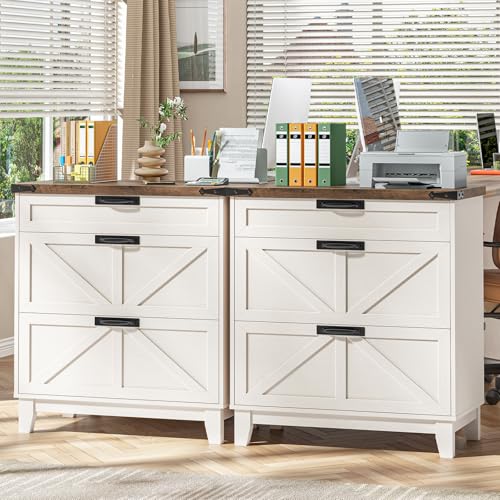 Halitaa Lateral File Cabinet with 3 Drawers, Wood Farmhouse File Cabinet for Home Office, Large Filing Storage Cabinets Printer Stand for Letter/Legal/A4 Size Hanging File, White and Brown