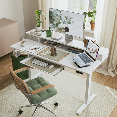 Agilestic 55 Inch Standing Desk with Drawers & Keyboard Tray, White - color: White, size: 55 x 24 Inches with 2 drawers and keyboard tray