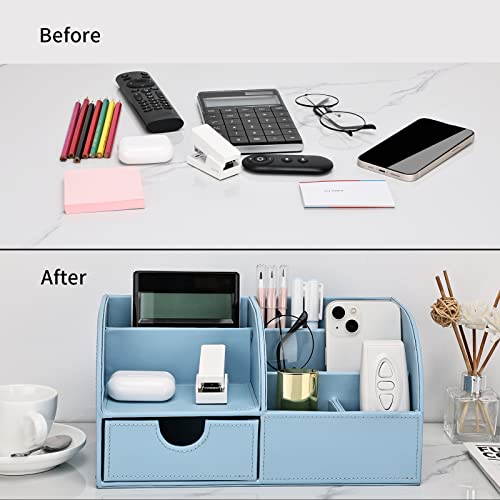 Pu Leather Desk Organizer Pen Pencil Holder Office Supplies Caddy Storage Box 6 Compartments with Drawer Blue - color: Blue