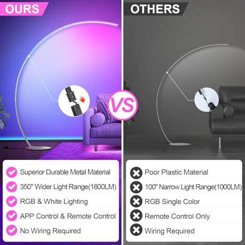 RGB Floor Lamp with 3 Color Temperatures, Ultra Bright 1800LM Smart Arc LED Floor Lamp with Remote Control, Music Sync, Scene Modes, Modern Standing Tall Lamp for Bedroom Living Room-Brushed Nickel - color: Brushed Nickel-RGBCCT