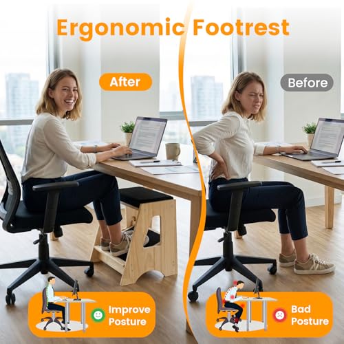 Double Step Footrest Under Desk,4 Adjustable Heights with Adjustment Stem | Adjustable lErgonomic Foot Stool Under Desk for Home &Office,Cushioned Top &Non-Slip Surface,Excellent Pine Wood