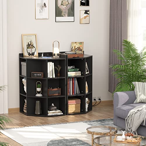 Aheaplus Corner Cabinet, Corner Storage with USB Ports and Outlets, Black | Wooden Corners Cube Toy Storage for Small Space, 4-Tier Cubby Corner Bookshelf with 9 Cubes for Bedroom, Living Room, Office - color: Black, size: 4-Tier