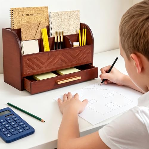 Brown Desktop Organizer with Drawer Storage, White Desk Organizer Mail Holder Mail Organizer Countertop Pen Holder Letter Sorter Make up Organizer for School Home Office Supplies - color: Brown