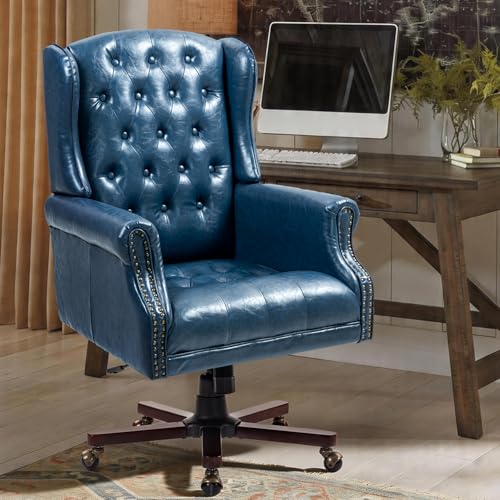 Upgraded 2026 Executive Desk Chair, Ergonomic Recliner Chair, Blue | Faux Leather Wingback Home Office Chair with Nail Head Trim & Tufted Back, Big and Tall Office Chair for Home and Living Room - color: Deep Blue, style: Modern