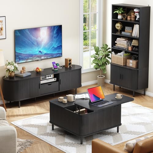 ONBRILL 71" Bookshelf with Sliding Door, Bookcase Storage Cabinet, Black - color: Black