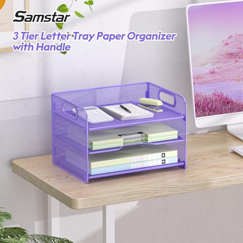 Samstar 3 Tier Purple Letter Tray Paper Organizer with Handle, Mesh Desk Organizer Paper Sorter File Rack Shelves, Purple - color: Purple 3 Tier Pack of 1