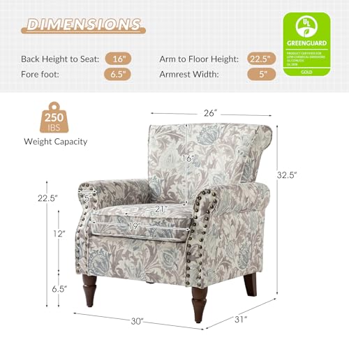 HULALA HOME Traditional Floral Accent Chair with Solid Wood Legs, Grey | Comfy Upholstered Armchair Reading Chair with Rolled Armrests, Nailhead Trim, Removable Cushion, for Living Room Bedroom - color: Grey