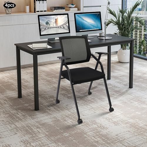 4 Pack Foldable Office Chair Without Desk, Stackable Reception Guest Chair with Wheels, Mesh Back Conference Room Chairs for Waiting Meeting Schools Training - size: 4PCS Wheels
