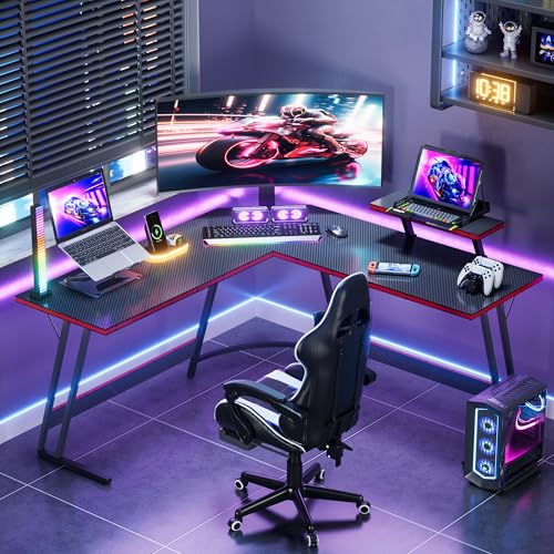 Homall L Shaped Gaming Desk Computer Corner Desk PC Gaming Desk Table | with Large Monitor Riser Stand for Home Office Sturdy Writing Workstation (Black, 51 Inch) - color: Black, size: 51 Inch