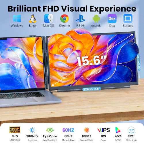 15.6" Laptop Screen Extender, 1080P FHD Detachable Portable Monitor for Laptop with Independent Stand, Vertical Travel Monitor Extender for Mac/Windows/Android/Game Console