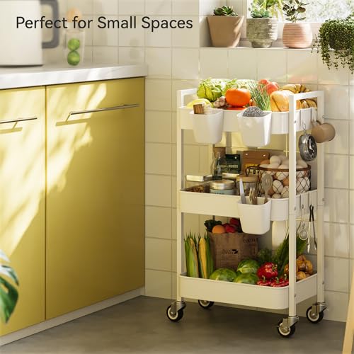 Nunsino 3 Tier Rolling Cart,Utility Cart with Locking Wheels, Hanging Cups,&Hooks, Heavy Duty Metal Storage Organizer Cart for Kitchen,Office, Bathroom,Craft Room,White - color: White