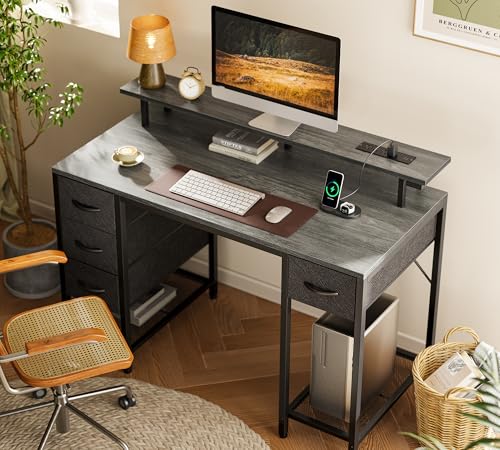 Huuger 47 inch Computer Desk with Power Outlets & 4 Drawers - color: Grey, size: 47 Inch