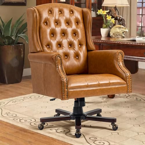 Executive Desk Chair, Ergonomic Home Office Chair, Brown | Faux Leather Wingback Swivel Recliner with Nail Head Trim & Tufted Back, Big and Tall Office Chair for Home and Living Room - color: Brown, style: Classic