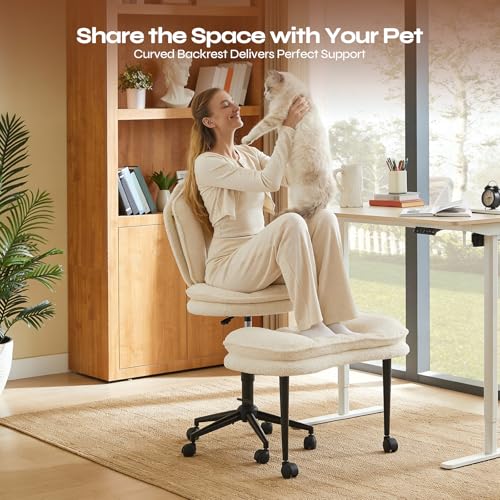 ADHD Cross Legged Office Chair, Swivel Kneeling Meditation Seat | 360° swivel cross-legged chair with reversible seat for ADHD & meditation; adjustable height/depth, plush teddy - color: Off White