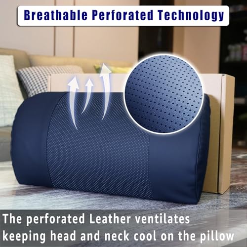 Breathable Perforated Leather Neck Pillow with Non-Slip Memory Foam, Adjustable Support for Recliners, Sofas & Loveseats, Navy Blue - color: Navy Blue