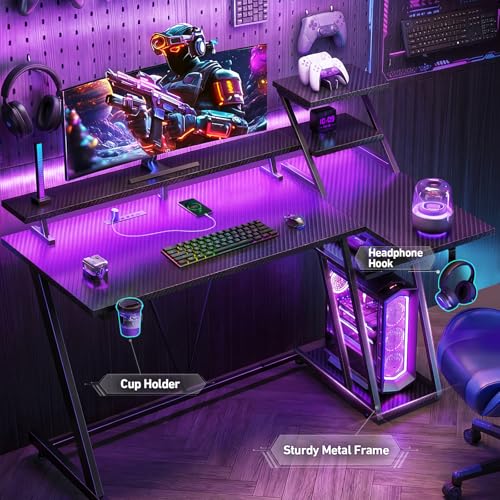 Korfile 47 Inch Gaming Desk with LED Lights & Power Outlet, L Shaped Computer Desk with Storage Shelves, Gamer Workstations with Monitor Stand for Bedroom, Carbon Fiber Black | L Shaped Computer Desk, Gamer Workstations, Storage Shelves, Monitor Stand, fo