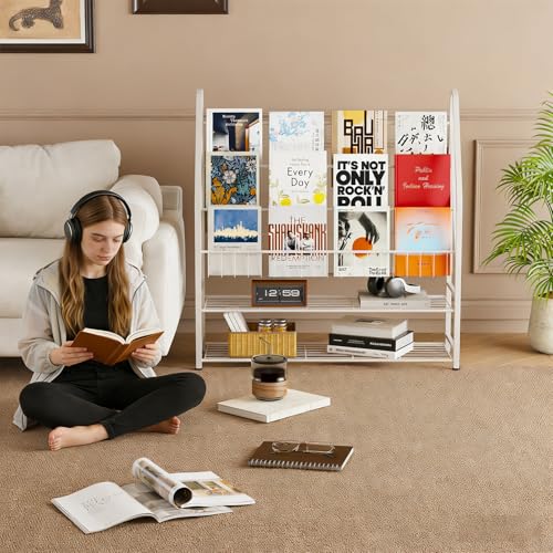 Arbuxzuy Magazine Rack Small Metal for Storage Freestanding 11.8" D x 32.3" W x 38.2" H, Sofa Height Short Book Shelf for Display and Storage, Ladder Bookcase for Home Office, White - color: White, size: Large