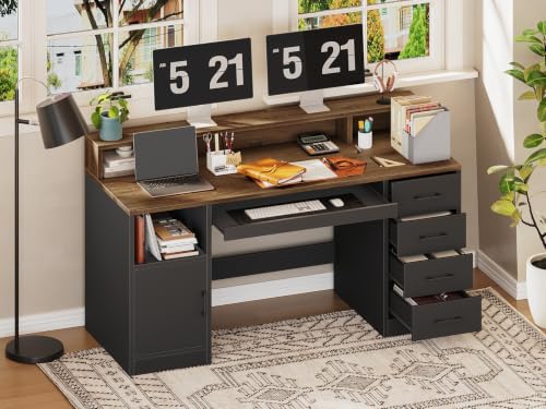 RALGEND 55" Office Desk with Drawers, Farmhouse Executive Desk with Drawers - color: Black, Walnut