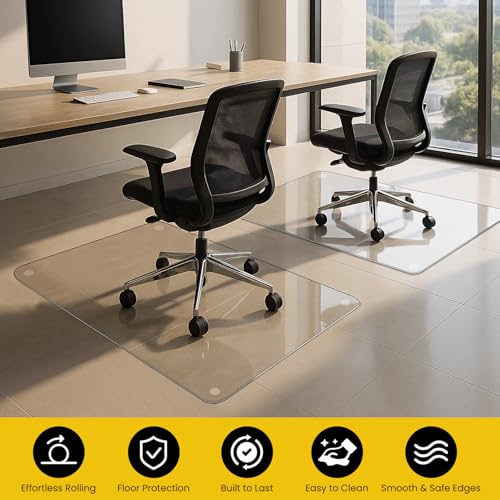 VASUHOME Heavy-Duty Tempered Glass Chair Mat, 31 x 48 Inch Large Office Floor Mat for Carpet or Hardwood Floors, 1/5" Thick with 12 Anti-Slip Pads - size: 31" x 48" w/o Lip