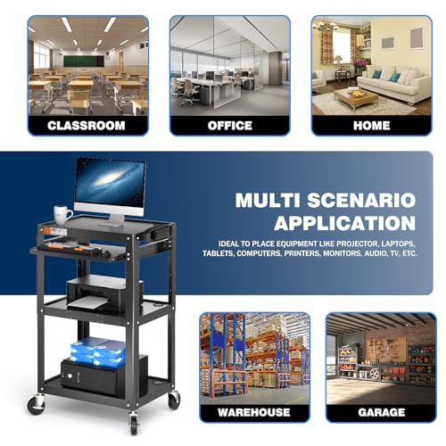 POCHAR Steel AV Cart on Wheels - Rolling Projector Cart with Height Adjustable Shelf, Pullout Keyboard Tray, Power Strip, Cord Management - Mobile Media Carts Computer Workstation for Office Classroom - style: 3 Shelf with Keyboard Tray (AV-J)