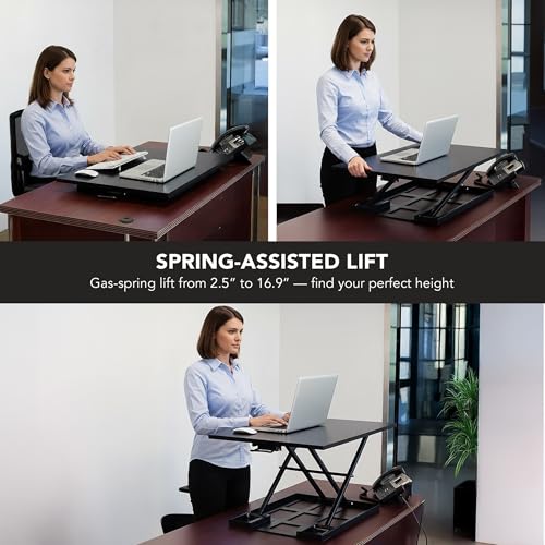 Mount-It! Standing Desk Converter 32" x 22" – Sit Stand Desk Riser with Gas Spring Lift, Slim 2.5" Low Profile, Height Adjustable Desktop Workstation, Preassembled Sit-Stand Solution for Home & Office