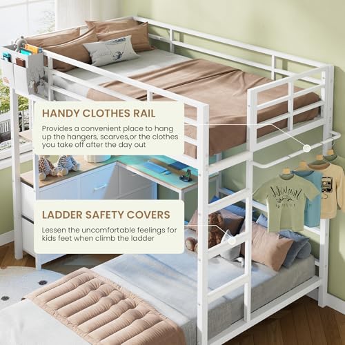 DICTAC Bunk Bed with L-Shaped Desk,5 Storage Drawers and 2 Shelves Metal Twin XL Over Twin Bunk Bed with LED Lights and Charging Station,bunk Beds with Safety Guardrail & Ladder,Space-Saving,White - color: White, size: Twin XL Over Twin