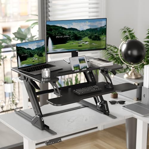 YDN Standing Desk Converter 32 inch, Height Adjustable Sit Stand Up Desk Riser, Quick Sit to Stand Tabletop Dual Monitor Riser Workstation for Home Office with Keyboard Tray, Black - color: Black, size: 32inch