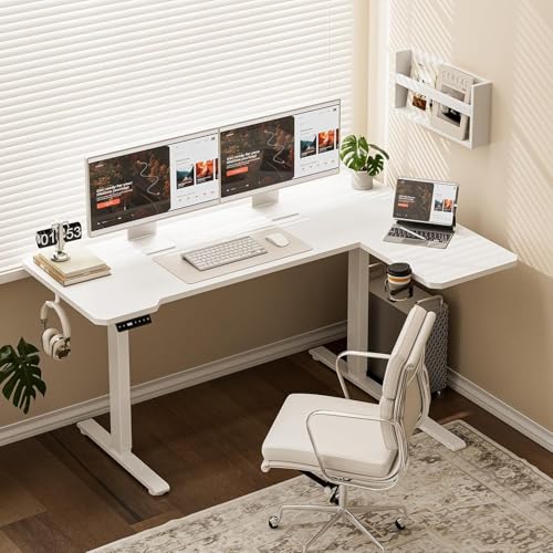L Shaped Electric Standing Desk - 59x40 Inch Reversible Corner Sit Stand Desk with Hook&Cup Holder,Electric Height Adjustable Table,for Home Office Gaming Computer Desk, White - color: White, size: L-shaped 59 Inches