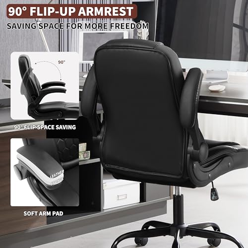 Leather Office Chair Swivel Lumbar Support for Short People Black | Executive Office Chair PU,Leather Office Chair with Wheels,360° Swivel Rolling Chair with Padded Arm,Ergonomic Computer Chair - color: Black