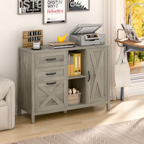 Halitaa Farmhouse Lateral File Cabinet with 3 Drawers and Door, Grey - color: Rustic Grey, size: 28.34"H