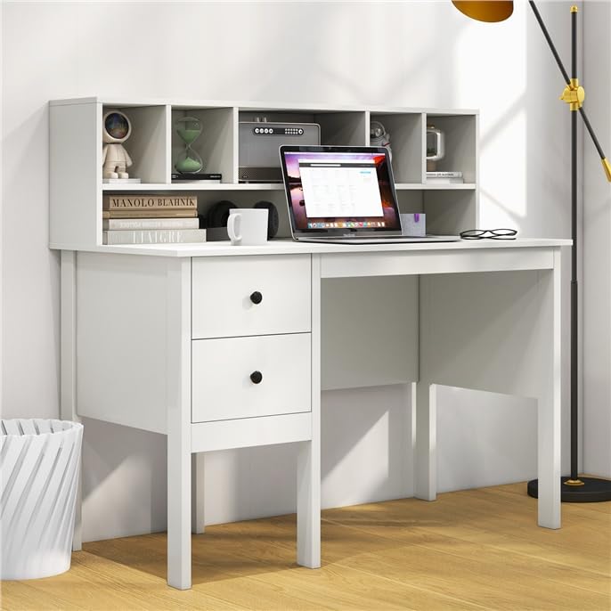 LDAILY Modern Home Office Desk with Hutch, Office Desk with USB Charging Ports and Power Outlets, Computer Desk with 5 Storage Cubbies and 2 Drawers, Writing Study Desk for Bedroom (White) - color: White
