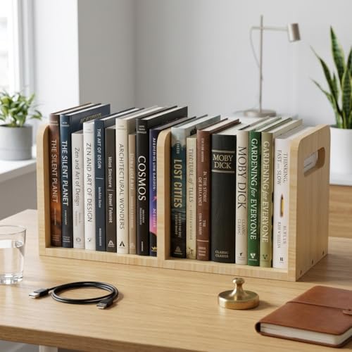 100% Solid Wood Adjustable Desktop Bookshelf With Movable Divider, Retro Tabletop Bookshelf With Convenient Handle Design for Living Room, Home, Office, Perfect for Magazine Book (Natural Wood Color) - color: Natural Wood Color